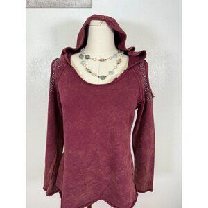 Daytrip Women's Burgundy Cold Open Shoulder Hoodie Rhinestone  Size Small‎